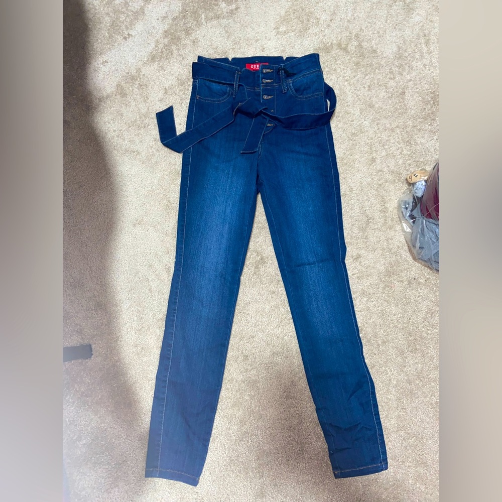 Guess blue high waist jeans with tie in the front